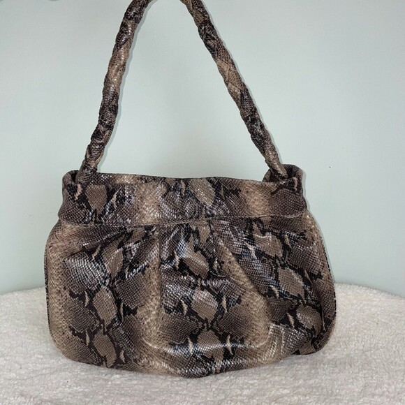 Gianni Bini Handbags - Gianni Bini Shimmer Snake Print Brown Grey Hobo Shoulder Bag Braided Handle EUC